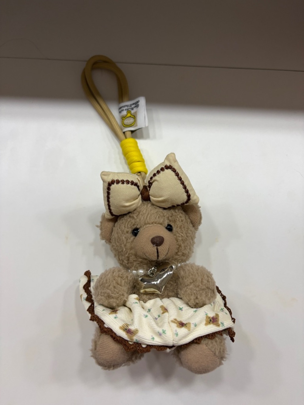 Beige Bow Teddy Bear Bag Charm Keychain - Charming Accessory